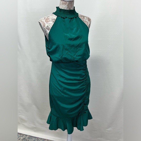 AREA STARS Forest green high neck ruched mini‎ dress size M. - Picture 9 of 16